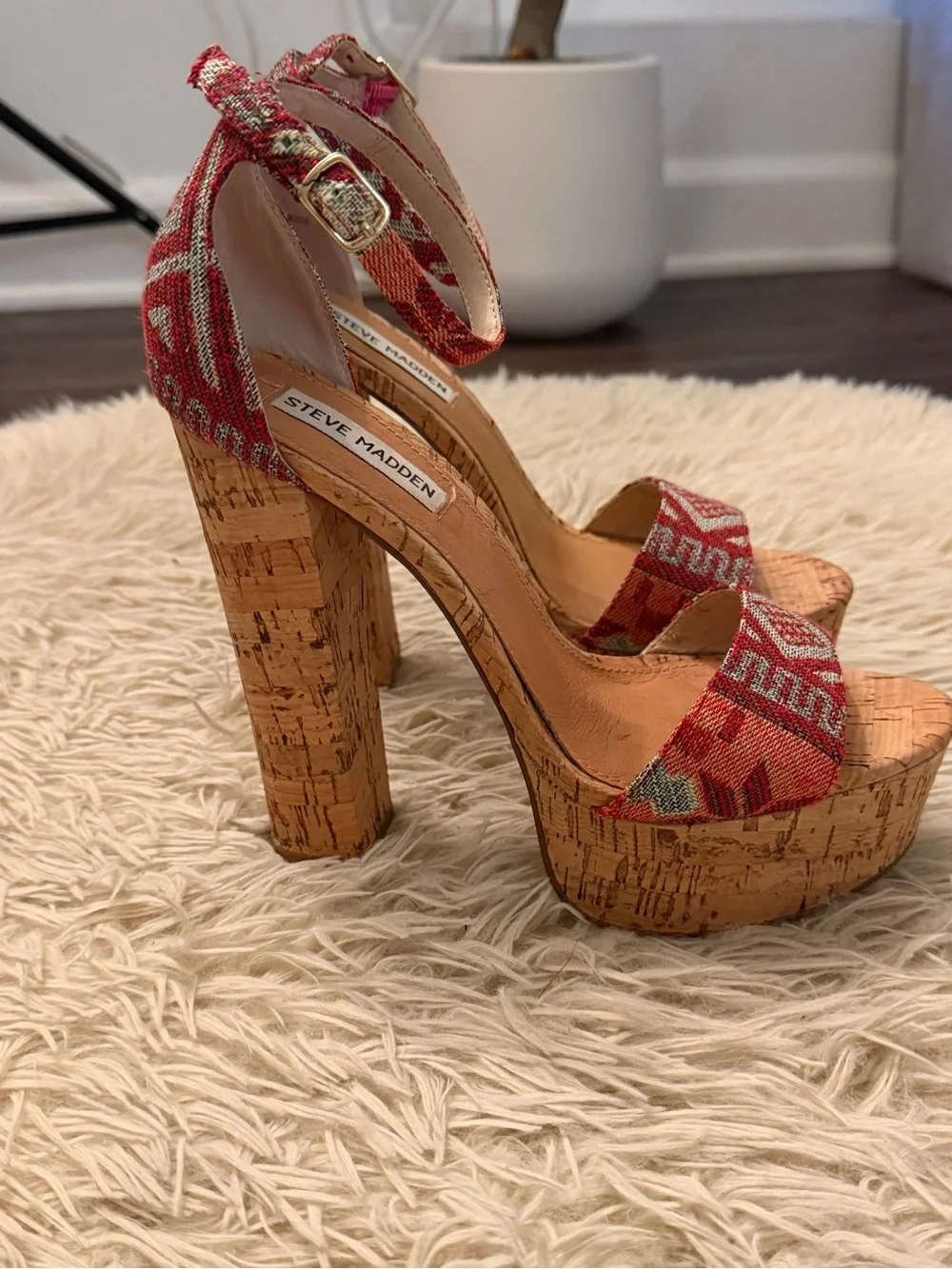 Steve Madden Red Patterned Cork Platform Sandals
